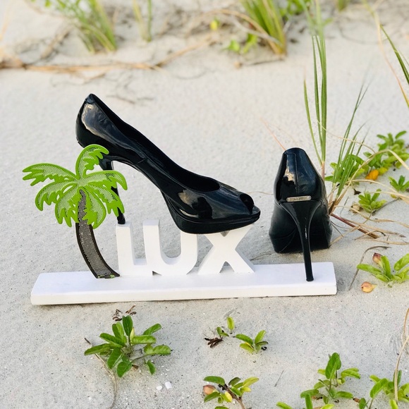 LUX ISLAND | DIOR Black Miss Dior Patent Peep Open Toe w/Silver Logo Heel Plate - Picture 2 of 2